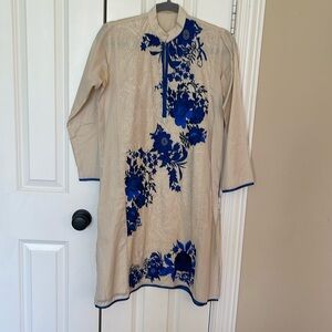 Indian Pakistani khadi Pret kurta size 10 in white and blue with embroidery.